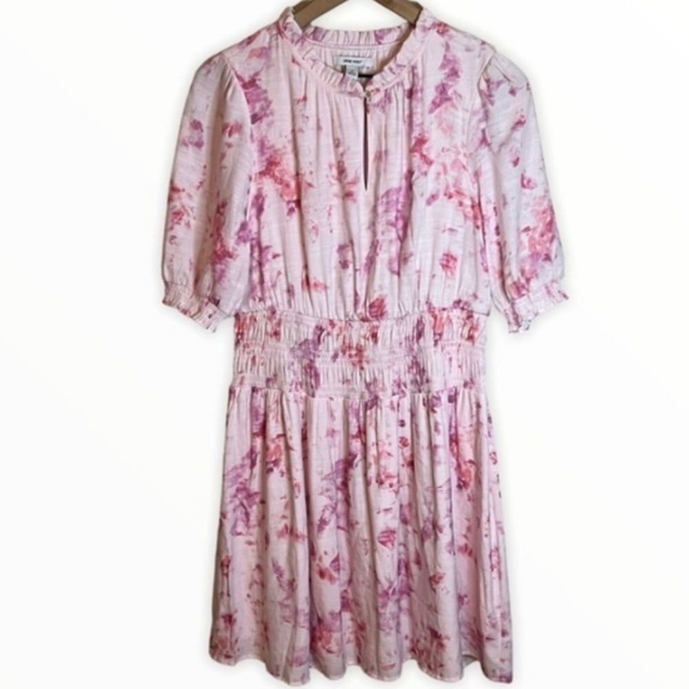 Nine West Pink Floral Short Sleeve Smocked Waist Dress